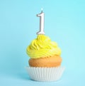 Birthday cupcake with number one candle Royalty Free Stock Photo