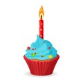 Birthday cupcake with one burning candle, blue cream with caramel