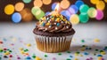 birthday cupcake with 1 one candle A close up of a chocolate cupcake with a single candle on top. The candle is lit Royalty Free Stock Photo