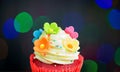 Birthday cupcake with a single blue candle.Cupcake with yellow cream and heart for love valentines.green crown cupcakes with cream Royalty Free Stock Photo