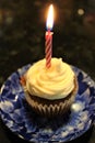 Birthday cupcake with a single lit candle Royalty Free Stock Photo