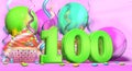 Large number 100 birthday cupcake in green with cupcakes and balloons on the back on a pink background. 3D illustration Royalty Free Stock Photo