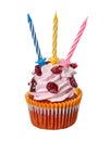 Birthday cupcake with three color candles Royalty Free Stock Photo
