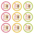 Birthday cupcake topper set with cute girls on colorful circle cartoon