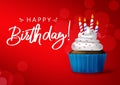 Birthday cupcake vector background banner design. Happy birthday typography in red empty space