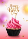 Birthday cupcake vector concept design. Happy birthday text in cake topper decoration with pink icing and gold confetti elements. Royalty Free Stock Photo