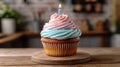 Birthday cupcake on wooden stand in kitchen Royalty Free Stock Photo