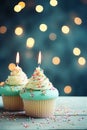 Birthday cupcakes with candles on a wooden table on a bokeh background. AI Generative Royalty Free Stock Photo