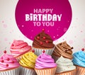Birthday cupcakes vector greeting design. Cupcake baked deserts with sprinkles