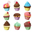 Birthday cupcakes vector set design. Cup cakes and muffins birth day dessert with sprinkles and toppings decoration elements. Royalty Free Stock Photo