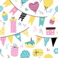 Birthday decor, balloons, cakes, gifts, holiday flags. Vector seamless pattern on a white background. Wallpaper Royalty Free Stock Photo