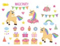 Birthday decor set with unicorn, cupcakes, flowers, stars, hearts and rainbows. Royalty Free Stock Photo