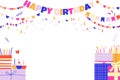 Birthday decoration background. Happy holiday greetings card with falling balloons, colorful ribbons and confetti Royalty Free Stock Photo