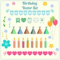 Birthday decoration, banner, candle, balloon, hat vector set. Cartoon party illustration