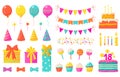 Birthday decoration. Kids party design elements, confetti balloons cakes colorful paper ribbons candles. Vector birthday