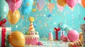 birthday decorations, including colorful balloons, streamers, party hats, and a cascade of gift boxes, setting the stage Royalty Free Stock Photo