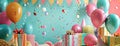 birthday decorations, including colorful balloons, streamers, party hats, and a cascade of gift boxes, setting the stage Royalty Free Stock Photo