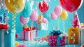 birthday decorations, including colorful balloons, streamers, party hats, and a cascade of gift boxes, setting the stage Royalty Free Stock Photo