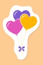 birthday decorative sticker, party balloons, bunch of three heart shape balloons, design element, colorful vector Royalty Free Stock Photo