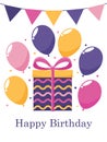 Gift, bow, balloons, flags, confetti, happy birthday. Royalty Free Stock Photo