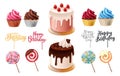 Birthday desserts element vector set. Birth day cup cake, cakes, lollipop and greeting topper elements in dessert flavor. Royalty Free Stock Photo