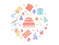 Birthday doodle circle composition. Anniversary elements round emblem. Set of celebration objects. Holiday event cake and presents Royalty Free Stock Photo
