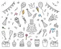 birthday doodle vector. Set of birthday party elements with cute black line design. Vector illustration Doodle birthday Royalty Free Stock Photo