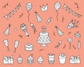 birthday doodle vector. Set of birthday party elements with cute black line design. Vector illustration Doodle birthday Royalty Free Stock Photo