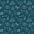 Birthday doodles pattern. Seamless vector background with bday elements. Cute kid pattern