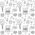 Birthday doodles pattern. Seamless vector black and white background with bday funny doodle elements. Hand drawn repeat
