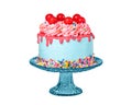 Birthday Drip Cake on a stand with red ganache isolated on white Royalty Free Stock Photo