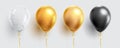 Birthday elegant balloons vector set. Floating balloon elements in gold and black colors with confetti decor isolated.