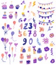 Birthday elements collection. Balloons, cakes, Garlands, Gifts, numbers and flowers. Cartoon Carnival elements. Everything for a
