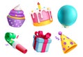 Birthday elements set vector design. Party element like cake, balloon, gift, party, hat and blow whistle for birthday celebration. Royalty Free Stock Photo