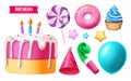 Birthday elements vector set design. Birthday objects element like cake, lollipop, donut, party hat Royalty Free Stock Photo