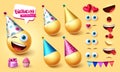 Birthday emoji creator vector set. Smiley 3d character kit with cute, happy and friendly editable face expression for birth day. Royalty Free Stock Photo