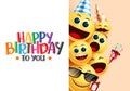 Birthday emoji smiley vector background template. Happy birthday to you greeting text in white empty space for messages.