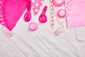 Birthday flat lay, top view and copy space for text, frame or background with colorful festival items, party hats and streamers Royalty Free Stock Photo