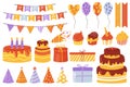 Birthday fun party celebration set, anniversary event holiday elements, cute stickers