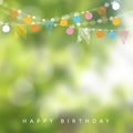 Birthday garden party or Brazilian june party, illustration with garland of lights, party flags, blurred background