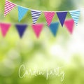 Birthday garden party or Brazilian june party, vector illustration with garland of party flags and blurred background