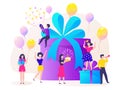 Birthday gift box. Cartoon happy characters celebrating party and dancing at birthday present. Vector concept of friends