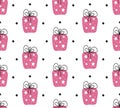 Birthday gift boxes flat vector seamless pattern in scandinavian style. Pink presents and gifts festive wrapping paper Royalty Free Stock Photo