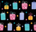 Birthday gift boxes flat vector seamless pattern in scandinavian style. Presents and gifts festive wrapping paper on black Royalty Free Stock Photo