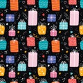 Birthday gift boxes flat vector seamless pattern in scandinavian style. Presents and gifts festive wrapping paper on black Royalty Free Stock Photo