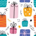 Birthday gift boxes flat vector seamless pattern in scandinavian style. Presents and gifts festive wrapping paper Royalty Free Stock Photo