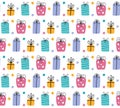 Birthday gift boxes flat vector seamless pattern in scandinavian style. Presents and gifts festive wrapping paper. Celebration, Royalty Free Stock Photo