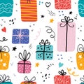 Birthday gift boxes flat vector seamless pattern in scandinavian style. Presents and gifts festive wrapping paper. Celebration, Royalty Free Stock Photo