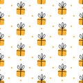 Birthday gift boxes flat vector seamless pattern in scandinavian style. Yellow Presents and gifts festive wrapping paper Royalty Free Stock Photo