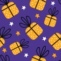 Birthday gift boxes flat vector seamless pattern in scandinavian style. Yellow presents and gifts festive wrapping paper on a Royalty Free Stock Photo